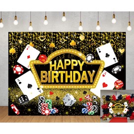 Casino Birthday Backdrop Las Vegas Casino Night Theme Gold Glitter Photography Background Poker Dice Happy Birthday Banner Adult Party Decorations Photo Props (7x5FT)