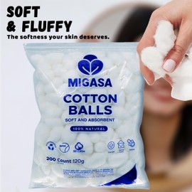 Migasa Cotton Balls (200 Count) – 100% Natural Cotton, Ultra-Soft, Highly Absorbent,Biodegradable Packaging, Perfect for Makeup Removal, Skincare & Crafts