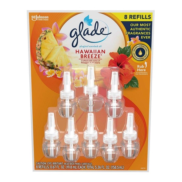 Glade Hawaiin Limited Edition PlugIns Scented Oils Refills 25% More 8 Ct-Hawaiian Breeze, 8 Count (Pack of 1), Yellow, 5 Fl Oz
