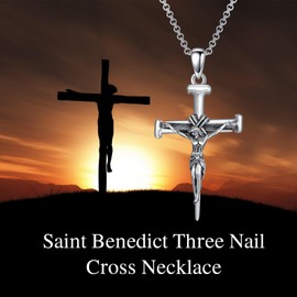 PROESS Three Nail Cross Necklace for Men 925 Sterling Silver St.Benedict Crucifix Pendant Necklace 22+2 inch Chain Jesus Christ Crucifix Jewellery for Christians
