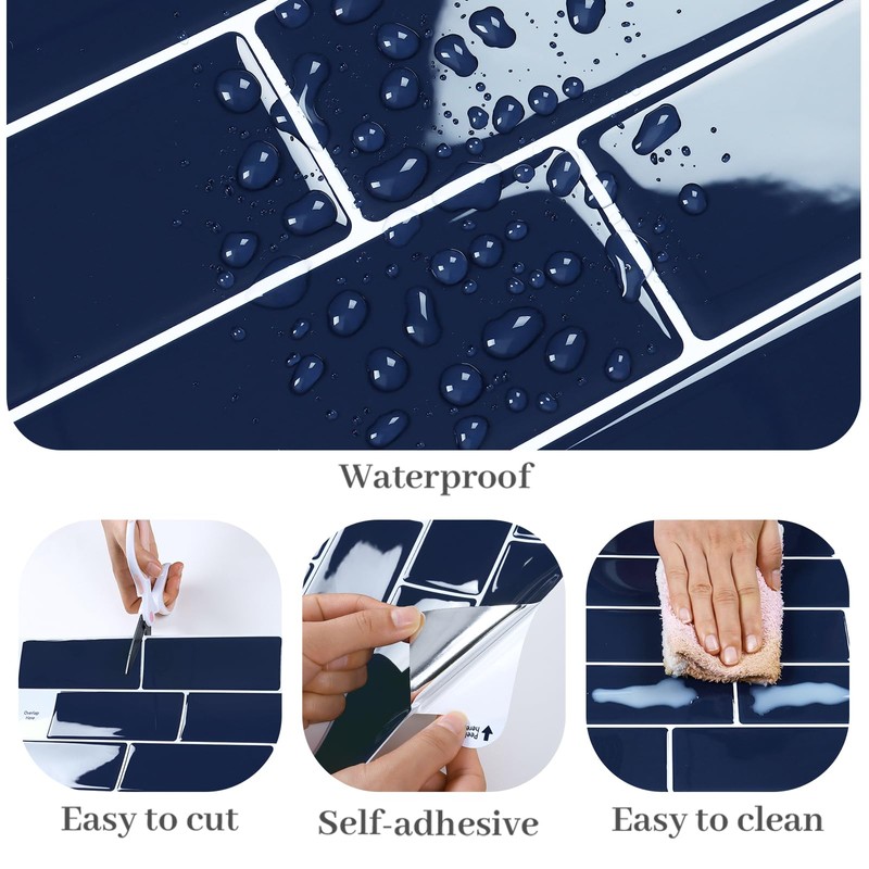 VaryPaper 10 Sheets Navy Blue Subway Tile Peel and Stick