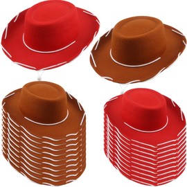SGBETTER - Paquete de 20 sombreros de vaquero de fieltro occidental con cordón para el cuello para niños, suministros de fiesta temática de vaquero, accesorio de disfraz café y rojo