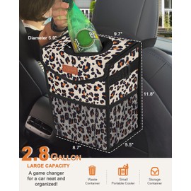 Pritent Car Trash Can with Lid, Cute Leakproof Car Trash Garbage Bag Hanging Vehicle Trash Bin Small Portable Automotive Garbage Cans Organizer for Back/Front Seat/Console(2.8 gal,Leopard