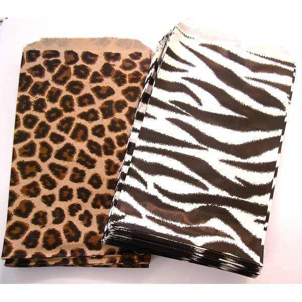 100 of 4" X 6" Small Paper Bags 50 Cheetah Leopard & 50 Zebra Animal Print Party Retail Gift Holiday Wrap Wrapping Sacks