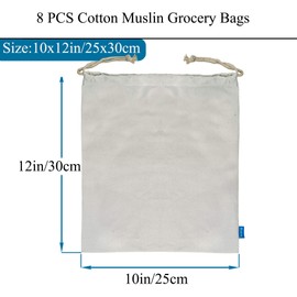 Piowio 8PCS 10x12 Inch Drawstring 100% Cotton Muslin Bags Reusable Storage Bag for Shopping Food Storage Grocery Vegetable etc. (8PCS 10"x12"/25x30cm)