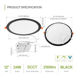 ASD 4 Pack 12 Inch LED Recessed Lighting, 5 CCT 2700K-5000K CRI90+, 24W 90W Eqv IC Rated Ultra Thin Dimmable Ceiling Lights with J Box, Canless Wafer Downlight, Round Slim Panel Light, UL Listed Black