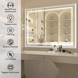Wansi Shine LED Bathroom Mirror: 40x32 Inch LED Bathroom Vanity Mirror - Silver Framed Lighted Mirror for Bathroom Anti-Fog Gesture Control Dimmable Memory Function Tempered Glass