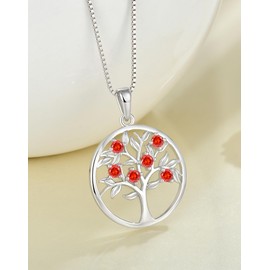 Guesma Red Garnet Tree of Life Necklace for Women - Solid Sterling Silver 18K White Gold Plated Created Birthstone Pendant - Wife Mom Mother Grandmother Birthday Anniversary Jewelry