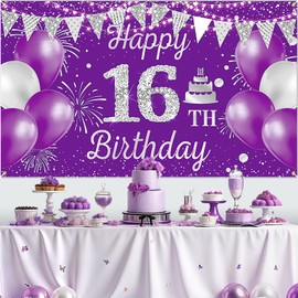Sweet 16 Birthday Party Decorations,Purple Silver Happy 16th Birthday Banner Backdrop,16th Birthday Decorations for Girls 16 Years Old Birthday Party Poster Supplies Decor Favors Background 72.8x43.3
