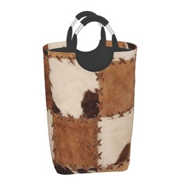 BEITUOLA Brown Cow Print Laundry Basket Cowhide Laundry Hamper Animal Collapsible Baskets with Handle Dirty Clothes Hamper Bag for Dorm Family Bathroom Decor Storage 50L