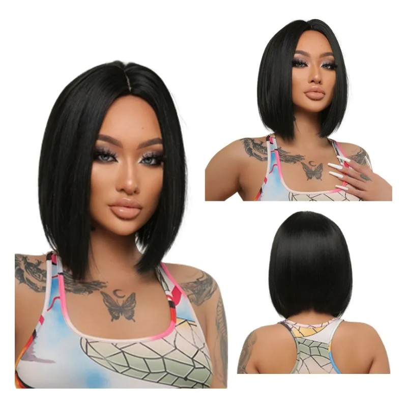 Peluca Corta De Pelo Negro Natural Liso Medio Para Mujer