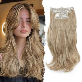 Peonymebeauty Blonde Hair Extensions, 20 Inch Clip in Hair Extension Invisible Soft Lace Synthetic Body Wavy Hairpieces for Women Seamless Blending(Blonde with Highlights)