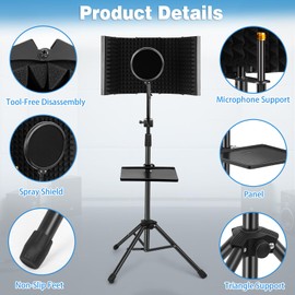 GYXZ Mic Isolation Shield with Stand Curved Panel for Microphone, Foldable Mic Shield with Triple Sound Insulation, Studio Mic Sound Absorbing Foam Reflector for Sound Recording, Podcasts