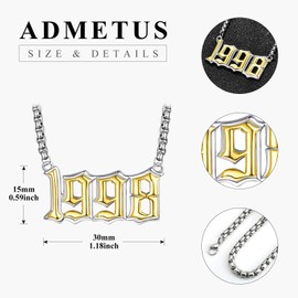 ADMETUS Birth Year Necklace 925 Sterling Silver Year 1988-2000 Pendant Chain Jewellery Gifts for Men Women with 22 Inches + 2 Inch Rolo Chains, Sterling Silver, No Gemstone