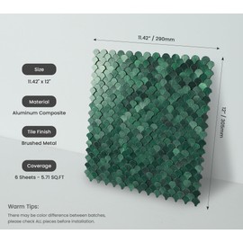 Green Peel and Stick Backsplash Fish Scale Tile, Self Adhesive Brushed Metal Backsplash High-Low 3D Textured Stick on Wall Tiles for Kitchen Bathroom (6 Sheets)