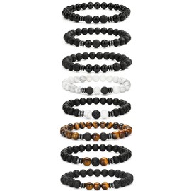 VELESAY 8 Pieces Lava Stone Beads Bracelets Beads Lava Tiger's Eye Bracelet Natural Beads Lava Bracelet for Women Men Bracelets Set Birthday Gift, Stone