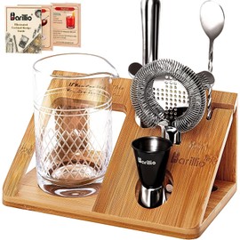 Barillio Crystal Cocktail Mixing Glass Set - 20 Oz Weighted Cocktail Stirring Glass with Strainer and Bamboo Stand - Bar Mixing Kit with Crystal Pitcher/Beaker - Home Mixology Bartender Kit
