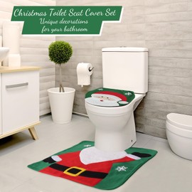Minicoco Christmas Toilet Seat Covers Pads Funny Christmas Decorations Christmas Bathroom Set Toilet Lid Cover Set U-Shaped Toilet Rug Washable Soft Warmer Toilet Cover (Santa Claus)