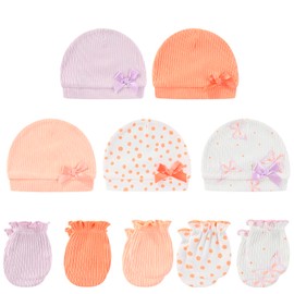 MAMIMAKA Baby Hat and Mittens Set Cotton Newborn Baby Hats Caps for Boys and Girls, 0-6 Months
