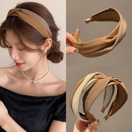 Lenjicons Fashion Hairbands Brown Knotted Hairband Wide Top Knot Headpiece Non-slip Headband Wedding Hair Accessories for Wedding Party Prom(2pcs)