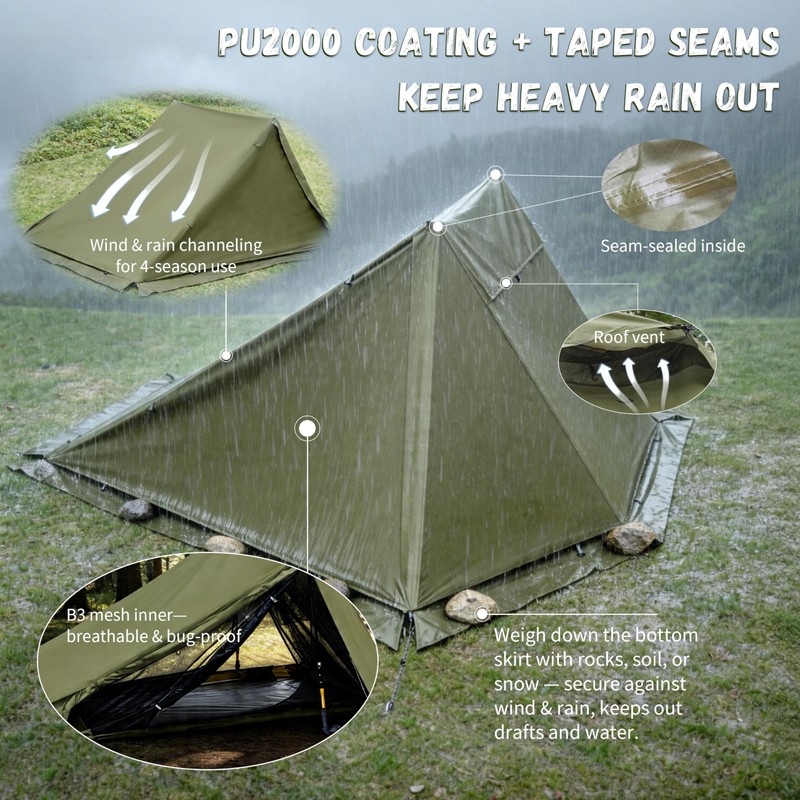 TGpao Portable Trekking Pole Tent for Camping,2 Person Backpacking Shelter