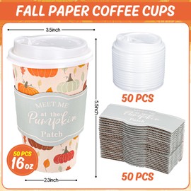 Whaline 50Pcs Fall Thanksgiving Disposable Coffee Cups with Lids and Sleeves Maple Pumpkin Paper Drinking Cups for Autumn Restaurant Travel Business Supplies, 2 Styles
