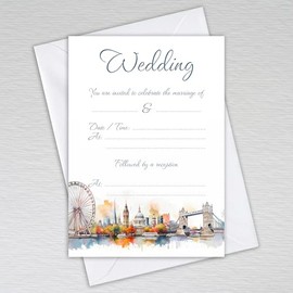 London Themed Wedding Invitations with Envelopes: Watercolour UK British English City of London Skyline Wedding Invites (Pack of 50 with Envelopes)