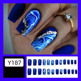Press on Nails Square Medium Length Glossy Full Cover Acrylic Blue False Nails with Marble Designs Artificial Short Coffin Fake Nails Glue ons Nails Stick on Fingernails for Women Girls