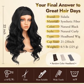 Sidaila Body Wave Headband Wig for Black Women, Kinky Straight Yaki 22 Inch Wear & Go Glueless Lightweight Heat Resistant Synthetic Headband Wigs, Natural Soft Waves Daily Use (Natural Black)