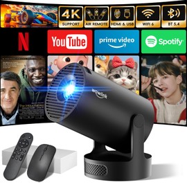 [Built-in Apps & 2025 Upgraded] Mini Projector with WiFi 6 and Bluetooth 5.4 Support 4K 1080P Auto Keystone 180° Rotatable Projector Portable Compatibile with HDMI/TV Stick/Memory Stick/Laptop, Black