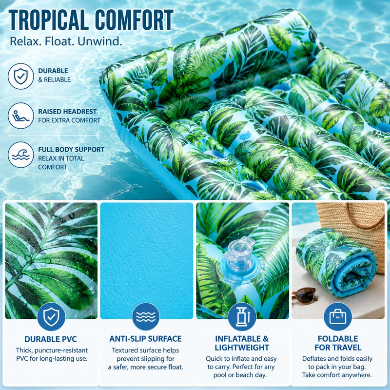 Inflatable Pool Float Lounger for Adults – Tropical Leaf PVC