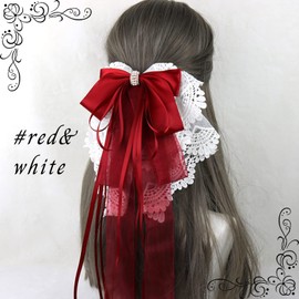 A'sTool Ribbon Hair Ornament, Large Ribbon, Barrette, Hair Accessory, Gothic Lolita, Lace, Hair Access, Dress, Red, Pink, Blue, Black, White, Green (Red 2)