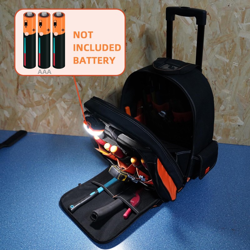 MELOTOUGH LED-Light Rolling Tool bag with Telescoping Handle Heavy Duty