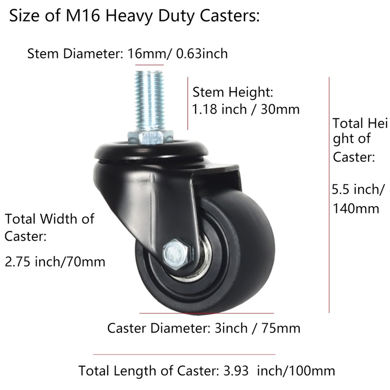 Heavy Duty Casters, M16x30mm Stem Casters Low Gravity Center Swivel