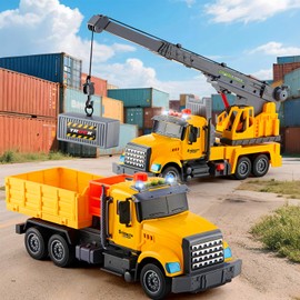 LerBao 2Pcs Large-Size Construction Engineering Truck Toy Set,Lifting Arm Crane & Lifting Transport Truck Construction Toys,for Boys Kids Toddlers Birthday