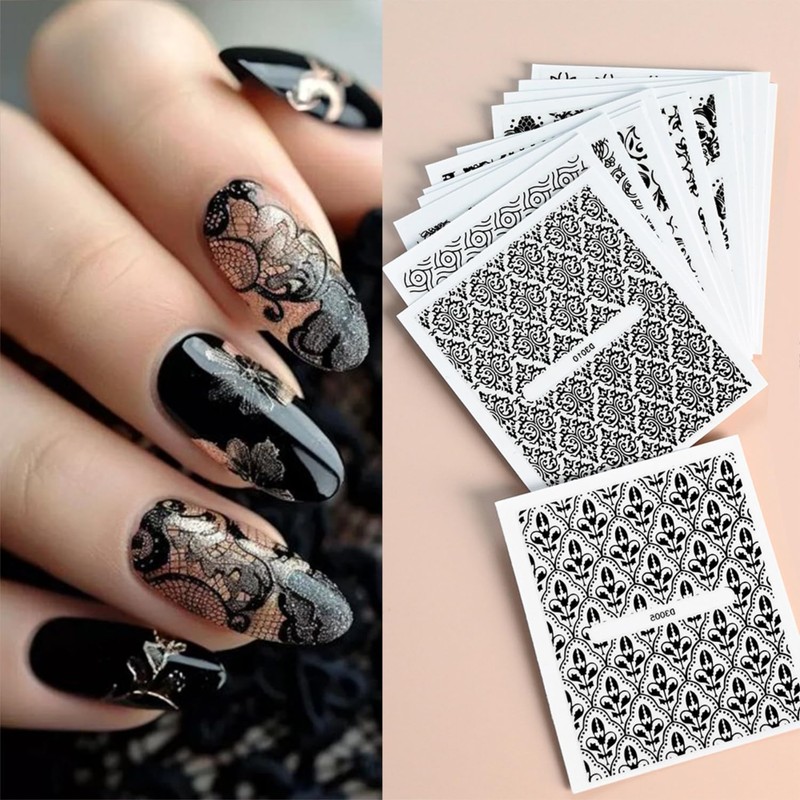 30 Sheets Black Lace Nail Stickers for Nail Art 3D