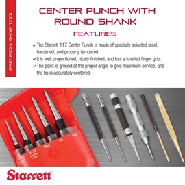 Starrett 117E Centre Punch With Round Shank, 5" Length, 1/4" Tapered Point Diameter