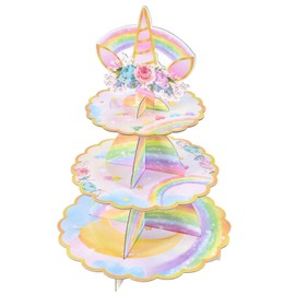 WERNNSAI Unicorn Cupcake Stand - Unicorn Birthday Party Decorations for Girls Kids 3-Tier Cardboard Dessert Tower Holder Round Serving Tray Stand Horn Theme Baby Shower Supplies