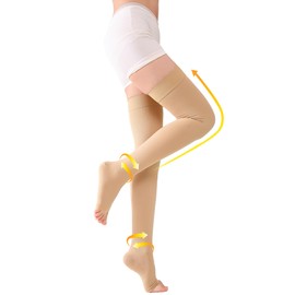 TOFLY® Thigh High Compression Socks for Women & Men (Pair), Open Toe, Opaque, Firm Support 30-40mmHg Graduated Compression Hose, Medical Compression Stockings for Varicose Veins, Edema, DVT,Beige M