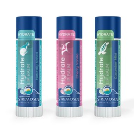 STREAM 2 SEA- Juego de bálsamo labial Stream2Sea Hydrate, cereza, vainilla, Naturally Naked y pepino, menta, bálsamo labial seguro para arrecifes     