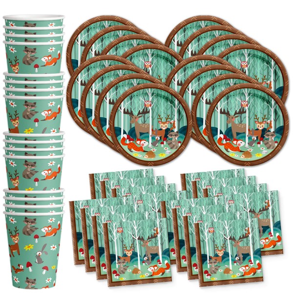 Woodland Animals Birthday Party Supplies Set Plates Napkins Cups Tableware Kit for 16