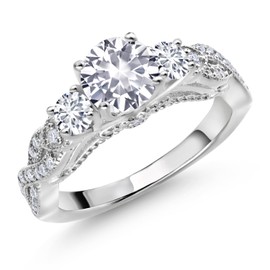 Gem Stone King 925 Sterling Silver White Created Sapphire White Lab Grown Diamond and White Moissanite Engagement Ring For Women (1.47 Cttw, Gemstone September Birthstone, Round 6MM and 3MM) (Size 7)