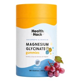 Health Hack Glicinato de Magnesio en Gomitas, 410 mg de Magnesio Elemental como Glicinato por Porción, Sabor Uva, Sin Azúcar, Suplemento Vegano Sin Gluten ni Colorantes Artificiales, 180 Gomitas
