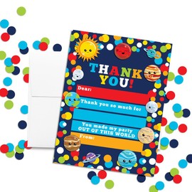 Outer Space Happy Planets Birthday Thank You Notes for Kids, Ten 4" x 5.5" Fill In the Blank Cards with 10 White Envelopes by AmandaCreation
