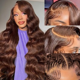 Chocolate Brown Body Wave Lace Front Wigs Human Hair 13x6 180 Density Full Frontal Lace Wigs Human Hair 13x6 with Baby Hair Natural Hairline Pre Plucked Brown Body Wave Wig 24 Inch