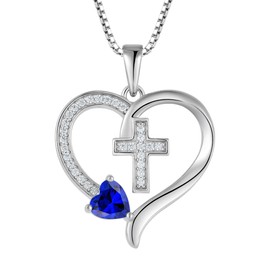 PYNZY 925 Sterling Silver Cross Pendant for Women, Heart Necklace with Created Sapphire Birthstone Christian Baptism Jewelry Gifts for Women