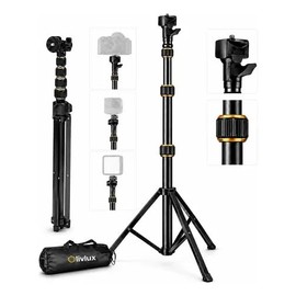 LIVLUX Tripie para Camara y Luz 2 en 1 - Tripode de Aluminio Extensible 2.1m para Foto y Video - Soporte Alto 360° para Aro de Luz, Panel LED, Flash y