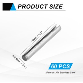 MECCANIXITY 60Pcs Slotted Split Roll Pins 1/10 Inch(2.5mm) Dia. 1/2 Inch(14mm) Length Steel Spring Tension Expansion Dowels for Secure Fastening, Silver