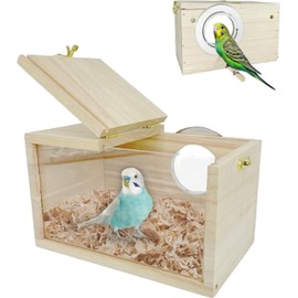 LATRAT Budgies Nesting Box Transparent Design, Natural Wood Bird House Small Bird Nest, Wooden Aviary Breeding Box for Lovebird Budgie Parakeet Lovebirds Parrots