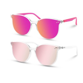 Retro Round Sunglasses for Women, Pink Sunglasses Womens with Classic Trendy Frame Sunnies Shades UV400 2 Pack Light Pink